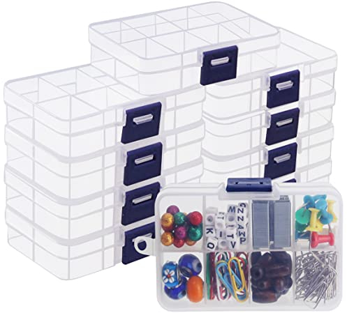 BELLE VOUS 10er Set 8 Fächern Durchsichtige Kunststoff-Sortierboxen für Kleinteile mit Verstellbaren Trennwänden - 10,5 x 6,5 cm - Box für Nähzubehör, Schrauben, Bügelperlen, Perlen & Schmuck