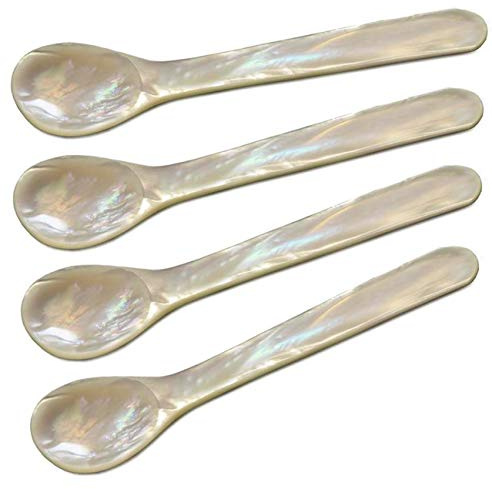 EDZARD 4er Set Eierlöffel (Länge 11 cm) aus echtem Meer-Perlmutt (Pinctada maxima), Handarbeit, 100% Naturprodukt, Griff oben abgerundet, edle Geschenkverpackung, Perlmuttlöffel für Ei und Kaviar