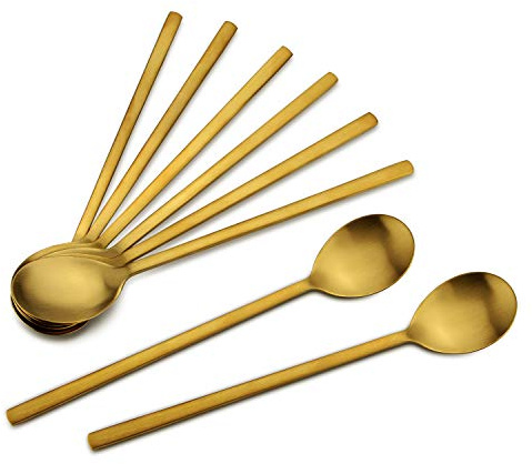 Korean Spoons - 8 Piece Stainless Steel Set, 8.5 Inch, Gold with Long Handles, Asian Cooking Spoons for Home, Kitchen or Restaurant