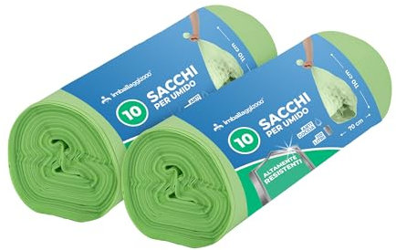 IMBALLAGGI 2000 - Sacchetti Spazzatura Organico 70x110 (110L), 2 Rotoli x 10 Sacchi Spazzatura Raccolta Differenziata Interno e Esterno, Tot 20 Sacchetti Umido Resistenti Biodegradabili Compostabili