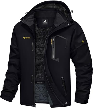 GEMYSE Vattentät skidjacka för män, vindtät fleece, utomhus, vinterjacka med huva, Svart 001, 3XL