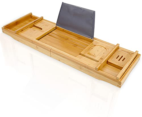Intirilife Vassoio da bagno estensibile in bambù -73-111 x 23 x 4,5cm- Supporto regolabile - Vassoio per vasca da bagno con portasapone- Supporto per libro, candela, vino, bicchiere, tablet,telefono