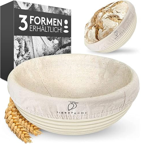 Liebspecht Hochwertiger Gärkorb rund (25cm) - Peddigrohr Brotbackform mit waschbarem Leineneinsatz - Optimal für 1Kg Teig - Das perfekte Brot Backen Zubehör - Gärkorb, Brotkorb, Gärkörbchen