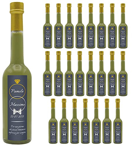24 bottiglie personalizzate di Liquore perfetto per bomboniere per matrimonio, anniversario, battesimo e comunione (Crema di Pistacchio, Fedi)