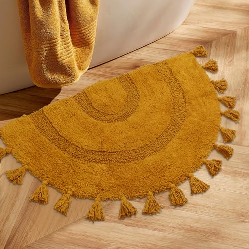 Zeeinx Half Circle Boho Bathroom Rugs with Tassels 100% Cotton Hand-Woven Bath Mat Non Slip Absorbent Bath Rugs with Rug Pad Washable Boho Bath Mat Carpet for Tub, Shower 20x32,Mustard