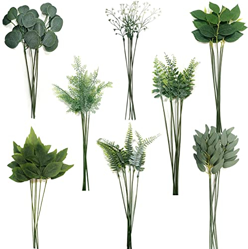 OrgMemory Artificial Leaves, 48 Pcs with Stems, Plastic Leaves, Fake Leaves, 8 Kinds Fake Plant Stems for Kitchen Garden, Balcony, Bedroom, Banquet, Wedding (Green Leaves)