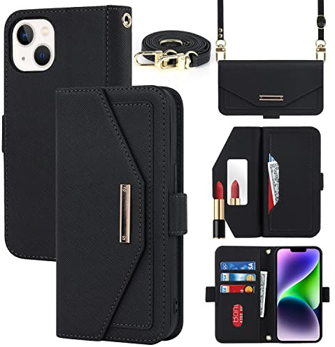 CAVOR Handykette Handyhülle kompatibel mit iPhone 14 Plus Hülle Mit Band,Flip Leder Geldbörse Handyhülle,[Spiegel][5 Kartenfach][Magnetisch],Klapphülle Handytasche zum umhängen - Schwarz