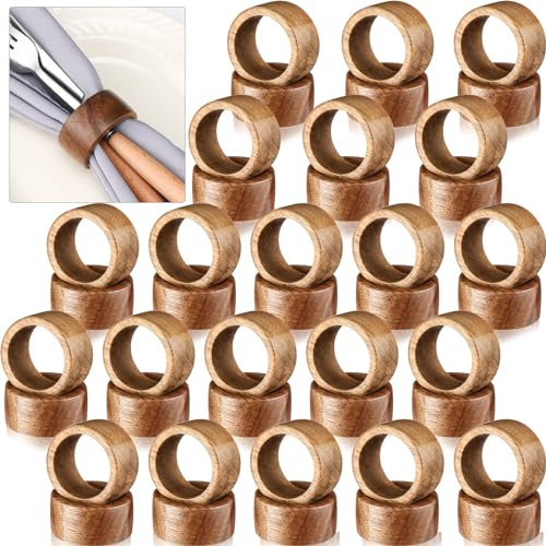 Zhehao 50 Pcs Wood Napkin Rings Bulk Acacia Handmade Dining Table Napkin Holder Buckles for Easter Spring Wedding Dinner Ramadan Harvest Holiday Table Decoration(Round,Brown)