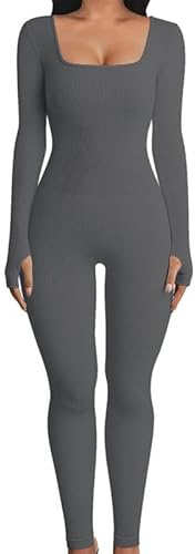 Rongseng Mono Deportivo Mujer Manga Larga Ajustado Jumpsuit de Cuello Cuadrado Mono Yoga Bodycon Traje de Una Pieza Elásticos Body Overol Mallas Push up Pantalones Color Sólido Largos Romper