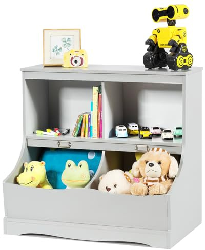 KOMFOTTEU Scaffale Portagiochi Bambini 4 Contenitori per Giocattoli e Libri, Libreria Montessoriana in Legno, Organizzatore per Camera dei Bambini, Sala Giochi, Asilo, 67 x 40 x 62 cm (Grigio)