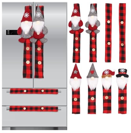 AOKLEY Christmas Decorations 8 Pcs Christmas Cartoon Microwave Case, Red And Black Check Doll Refrigerator Handle Gloves, Doorknob Case Winter Tabletop Ornaments Dinner Party Supplies