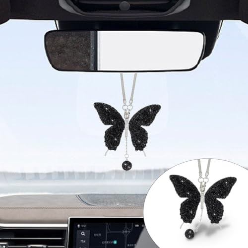 Bling Butterfly Diamond Car Hanging Accessories, Crystal Car Rear View Mirror Charms Car Decorative Accessories for Women, Lucky Presents Hanging Ornament Pendant Decor for All Cars (Black)