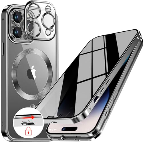 [CD-metallring och säkerhetslås] Magnetisk 360 graders helkroppsskärmskydd för iPhone 15 Pro Max [Integrerat linsskydd] Skyddsfodral med integrerad 9H-glasskärm, – titan natur
