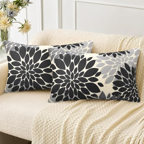 Velvhom Kissenbezüge 2er Set, 30x50cm Sofakissen Leinen Modern Dekokissen Couchkissen Herbst Abstrakt Dahlie Blumen Schwarz und Grau Kissenhülle Winter Zierkissenbezug Couch Wohnzimmer Deko
