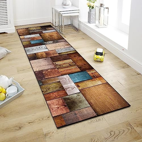 WTHYGB Teppich Läufer 80x250cm für Flur Küche Wohnzimmer Schlafzimmer, rutschfest Waschbar Teppichläufer, Polyester Dauerhaft, 6mm Dicke Küchenläufer, Holzmaserungsmuster, Anpassbar