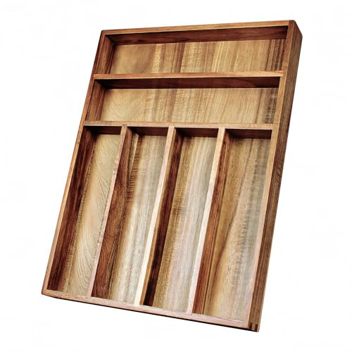 KITEISCAT Acacia Wood Silverware Organizer, Kitchen Utensil Drawer Organizer for Forks, Knives & Spoons, 6-Compartment Cutlery Tray, Flatware Holder