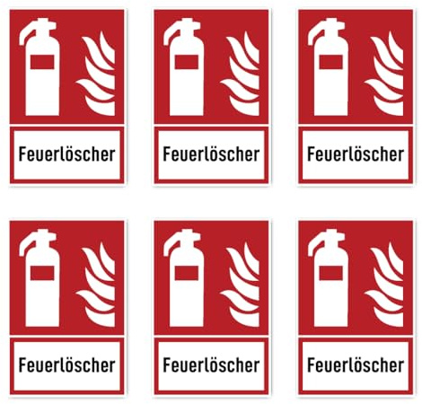Aufkleber: 75x50 mm, 6 Stück - Feuerlöscher - Brandschutzzeichen mit Text (deutsch) (rot/weiß) - hochkant - F001 - DIN EN ISO 7010 / ASR A1.3
