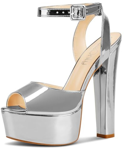 NobleOnly Femmes Haut High Bloc Chunky Plate-forme Talon Heel Ouvert Bout Lanières Cheville Sandales Danse Party Dress Slingback Chaussures 15 CM Heels Argent Vernis 38 EU