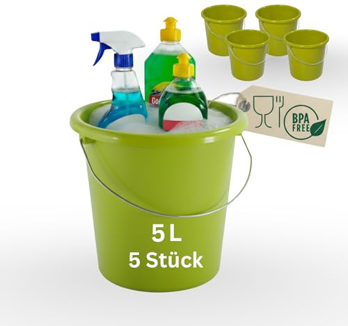 Novaliv 5 Stück Eimer 5L Grün mit Maßeinteilung - Putzeimer 5 Liter ? 22,5 cm Praktischer Allrounder mit Skala für Haushalt & Garten ideal als Haushaltseimer, Wassereimer, Wischeimer, Bucket