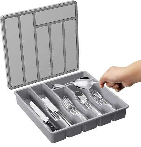 Besteckkorb – Tragbarer Utensilien-Organizer, Besteck-Aufbewahrungsbehälter, Besteckhalter mit Deckel, 6 Fächer, Utensilien-Aufbewahrungsbox für Küchenschubladen