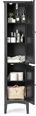 COSTWAY Mobile da Bagno Alto con 2 Ante, Armadio da Terra con 5 Vani, Mobile Colonna per Bagno Cucina Soggiorno, 37 x 37 x 160 cm (Nero)