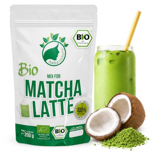 NanaNatura Mix di latte biologico Matcha con 22% tè verde giapponese Matcha in polvere e zucchero di fiori di cocco | per gustare facilmente il tè | anche per gelati e pasticcini
