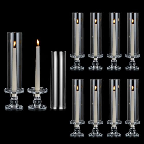 NUPTIO Bougeoir Verre Transparent Cylindrique - 10 Pièces 32cm Bougie Chandelier Centre de Table Mariage Porte-Bougies Effilée Bougeoir Cylindrique avec Verre Ouvert