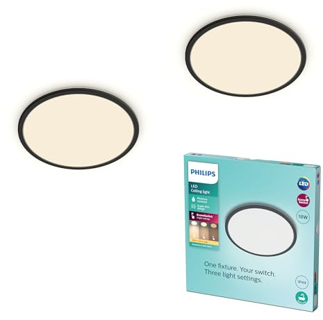 PHILIPS LED Lampada da Soffitto Superslim, 18W, Luce Bianca Calda 2700K, 3 impostazioni di luce - dimmerabile senza dimmer, IP44, Nera, confezione da 2
