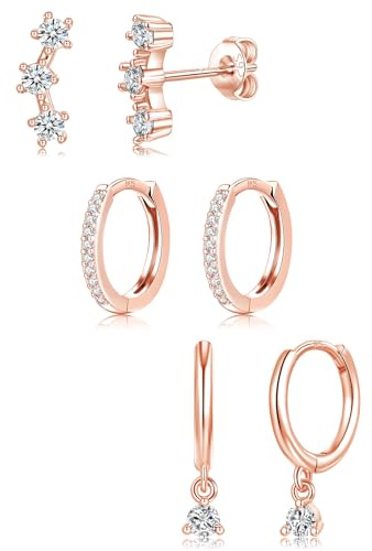 3Pairs Sterling Silver Stud Hoop Earrings Set for Women Girls, Hypoallergenic Silver Cubic Zirconia Stud Hoop Earrings Stacks, Small Helix Cartilage Sleeper Studs Hoops Earrings for Multiple Piercings