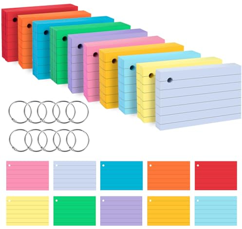 Agoer Lot de 800 Cartes Flash A8,10 Couleurs Cartes de révision épaisses,150g/㎡ Fiche Bristol avec Anneau de Reliure en métal et Couverture Kaft,Cartes Lignées pour Enregistrement,étude,Présentation