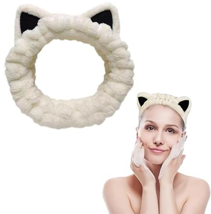 Simpatico cerchietto con orecchie di gatto, Fascia per Viso Spa per Trucco e Lavaggio Viso Fascia Elastica Donna per Spa Yoga Sport Doccia Viso Fascia da Avvolgere per Ragazze e Donne (Bianco)