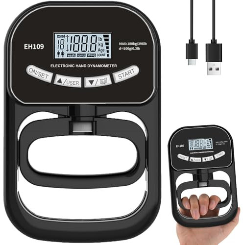 HIULLEN Digitaler Handkraftmessgerät 396lb/180kg, Elektronische Griffkraft Messgerät, Hand Dynamometer, Handkraftmesser, LED Display Grip Strength Trainer Kraftmesser mit USB-Ladekabel