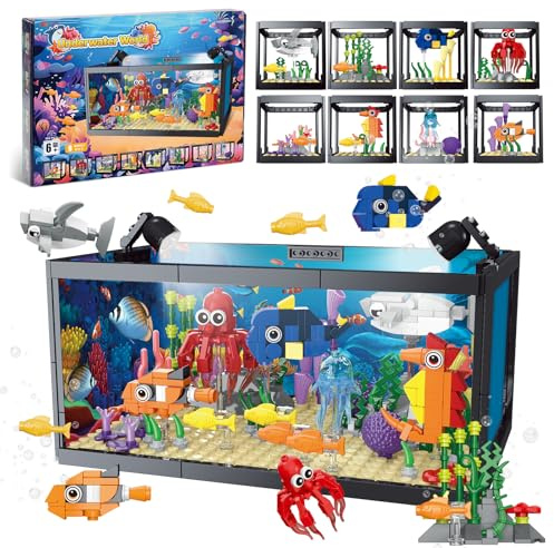 8-in-1 Aquarium Fish Tank Baustein mit LED Licht, einschließlich Meeresquallen, Fischen, Tierbauspielzeug, Geburtstag Weihnachten Geschenk für Erwachsene Kinder Jungen Mädchen ab 6 8 10 12+ Jahren