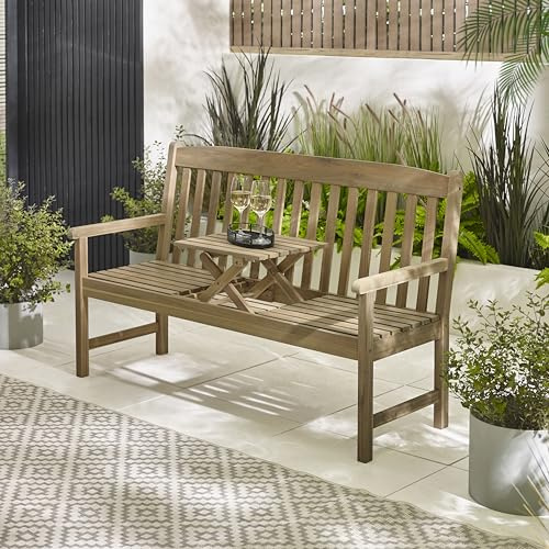 Furniturebox UK Outdoor Furniture, Lox SOLID WOOD 2 Seat Garden Bench with Pop Up Table, Wooden Garden Bench Seat, Light Teak Stain Colour For Patio or Deck