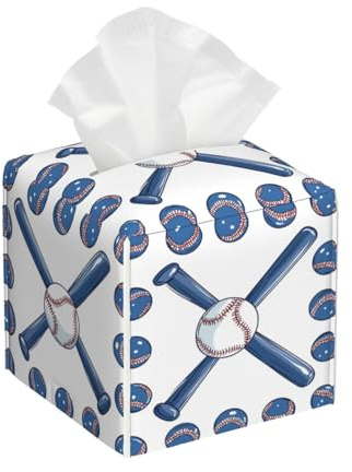 Tissue Box Cover, Baseball and Blue Baseball Bat Square Leather Tissue Box Holder, Home Decorative Facial Tissue Paper Organizer for Bathroom Kitchen Desktop