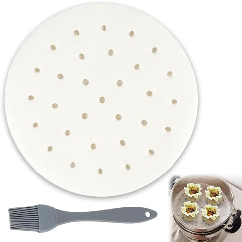 200Pcs Air Fryer Liners, 20cm Round Perforated Parchment Paper with Holes, Non-Stick Waterproof Steam Paper, Heat Resistant Baking Sheets with Silicone Brush for Air Fryer, Steaming, Oven Cooking