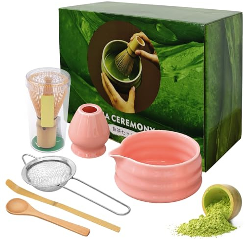 Matcha Whisk Set, 6PCS Pink Matcha Set, Matcha Kit, with Holder/Scoop/Sifter, Whisk Holder Matcha Whisk Set, Matcha Tea Set for Making Latte, Women, Men, Friends, Gift for Matcha Lover(Pink)