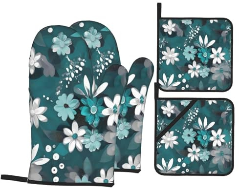 4 Stück Backhandschuhe Set Blaugrüne, Graue Und Weiße Blumen Kaminhandschuh Anti-Rutsch Topfhandschuhe Für Backen, Mikrowellenofen, Geschenke