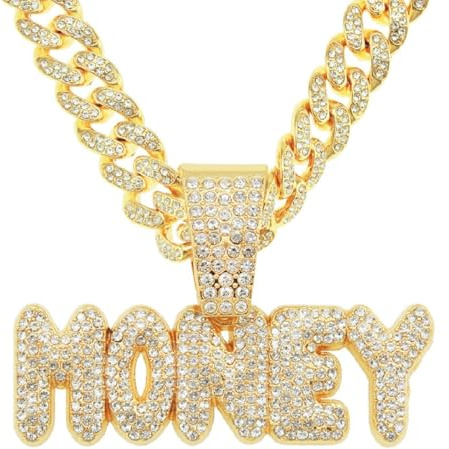 Fachoice Funkelnd Strass-Geldanhänger für Männer Hip Hop Geldbuchstaben Kubanische Halskette Gold CZ Rapper Reich Buchstaben Schmuck fur Herren