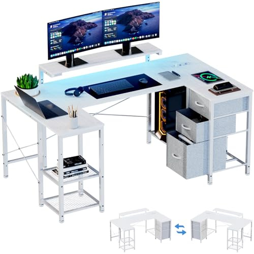 Devoko Eckschreibtisch Gaming Schreibtisch mit LED, Stauraum & 3 Schubladen, 170x95x75cm, Schreibtisch mit Höhenverstellbarer Ablage, 2 Steckdosen & 2 USB, Weiß
