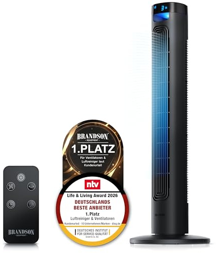 Brandson - Turmventilator mit Fernbedienung - Sieger Ventilatoren und Luftkühler 2026 - sehr leise - LED Display – 3 Geschwindigkeitsstufen 3 Modi – Oszillation - Standventilator Ventilator Kühlung