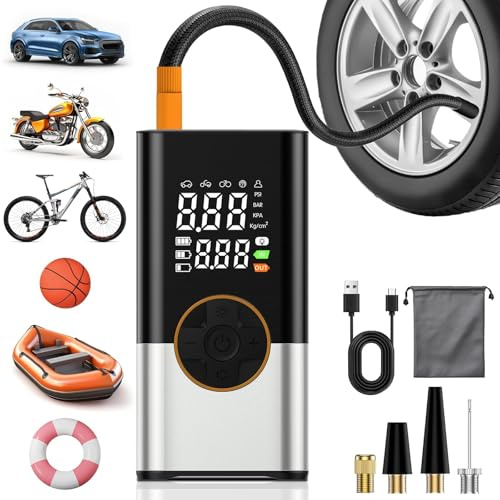 OHFAMO Compressore Aria Portatile per Pneumatici 150 PSI 7.4V – Pompa Gonfiaggio Senza Fili con Doppio Display Digitale, Batteria 2000mAh×2,Preimpostazione Pressione per Auto Moto Bicicletta Emergenza