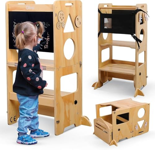 Olvy Kids 3 in 1 Montessori - Torre di apprendimento pieghevole - Scaletta in legno - 3 gradini - Torre da cucina per bambini - Torre di apprendimento in piedi a partire da 1 anno - Scala per bambini