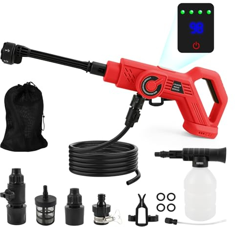 Nettoyeur haute pression sans fil compatible avec batterie Milwaukee M18 18 V, nettoyeur haute pression portable sans balais avec buse 6 en 1, tuyau de 5 m, écran LCD pour terrasse et voiture