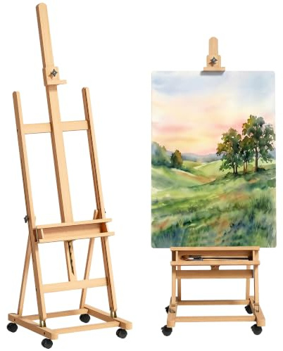 Vinsetto Cavalletto Pittura Pieghevole con Ruote Regolabile Portatile | Cavalletto Treppiede per Dipingere su Tela, in Legno di Faggio, per Studio, Artisti e Pittori