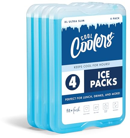 Cool Coolers by Fit & Fresh 4 Pack XL Slim Ice Packs, Quick Freeze Space Saving Reusable Ice Packs for Lunch Boxes or Coolers