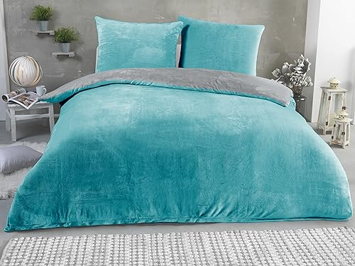 MALIKA Winter Plüsch Wendebettwäsche Nicky-Teddy 'Cashmere Touch' 135-155 - 200x200 Coral Fleece, Farbe:GRAU-Petrol, Größe:135 x 200 cm