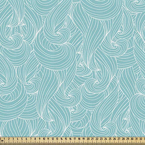 ABAKUHAUS Türkis Gewebe als Meterware, Meer inspirierte Linien, Schön Gewebten Stoff für Polster und Wohnaccessoires, 1M (148x100cm),Hellblau Weiß