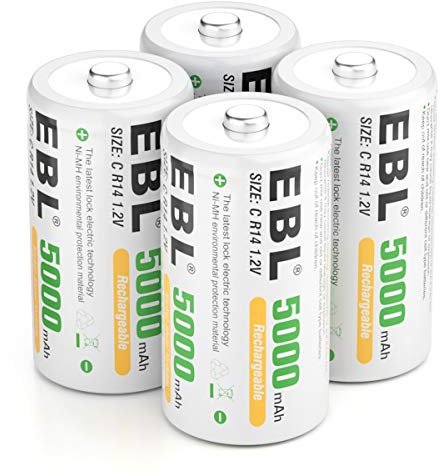 EBL Pile C Ricaricabili (Batteria Tipo C) ad Alta Capacità da 5000mAh 1.2V Ni-MH, Mezzatorcia C HR14 Baby con Auto-Scarica Bassa, Confezione da 4 pezzi