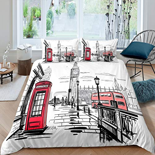 Loussiesd Big Ben Bettbezug Set Telefonzelle Druck Bettwäsche Set 135x200cm Modern London Theme Betten Set für Kinder Erwachsene Dekor Berühmtes Stadtbild mit 1 Kissenbezug